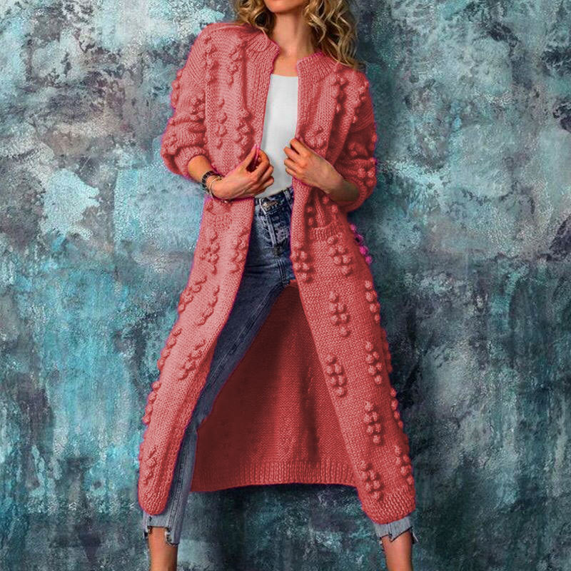 Women’s Long Cardigan Sweater Jacket – Popcorn Knit – Open Front – Patch Pockets – Relaxed Fit