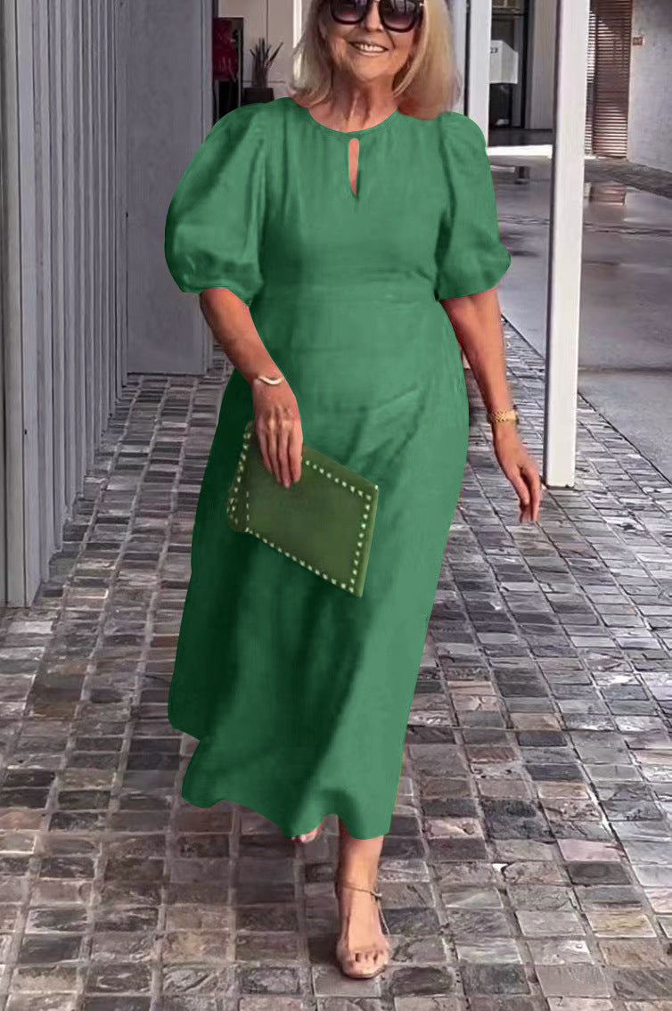 Women's Midi Dress - Puff Sleeve - Keyhole Neck - A-Line Fit