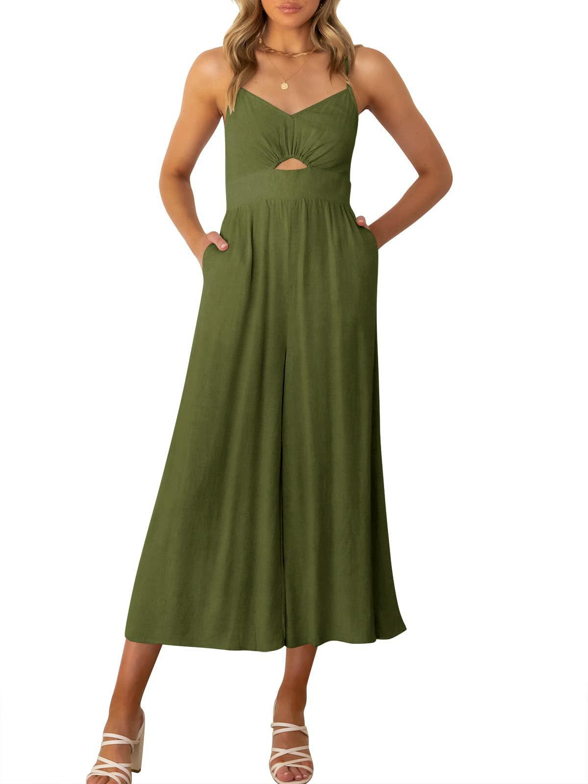 Women's Jumpsuit - Spaghetti Strap V-Neck - Cut-Out Detail - Wide Leg Flowy Fit