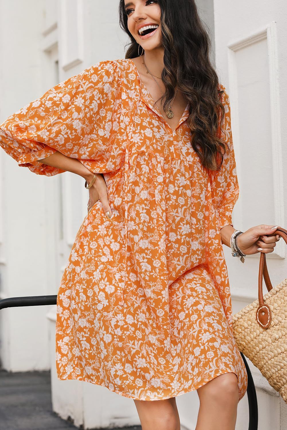 Women’s Midi Dress – Cotton Blend – V-Neck – Lantern Sleeve – Bohemian Floral Print