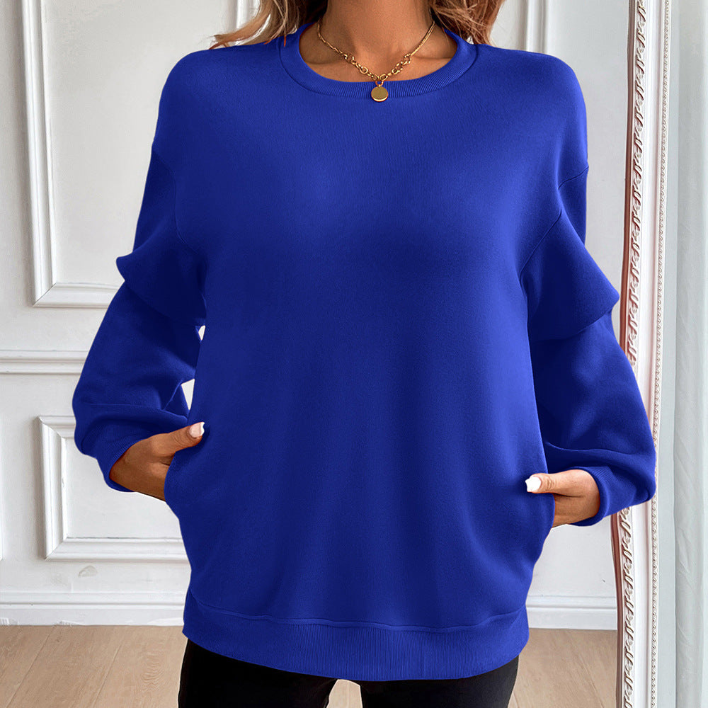 Women’s Sweatshirt – Loose Fit – Cotton Blend – Round Neck – Long Sleeve with Pockets