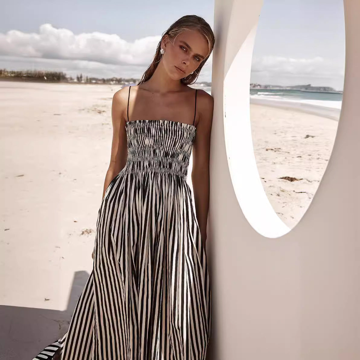 Women’s Maxi Dress – Spaghetti Straps – Ruched Bodice – Flowy Fit – Side Pockets
