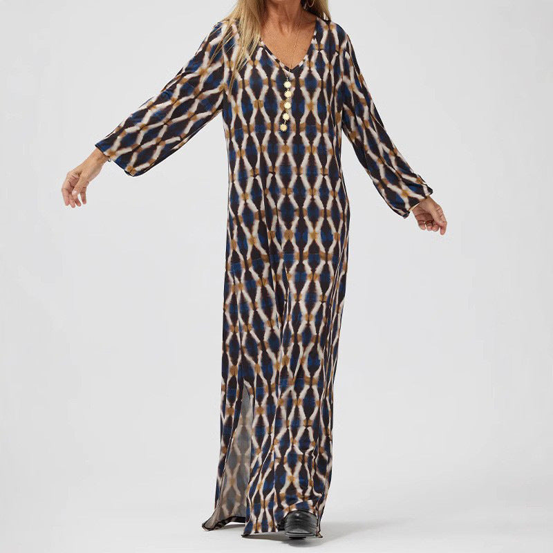 Women’s Maxi Dress – V-Neck – Flowy Fit – Long Sleeve – Lightweight Printed Fabric