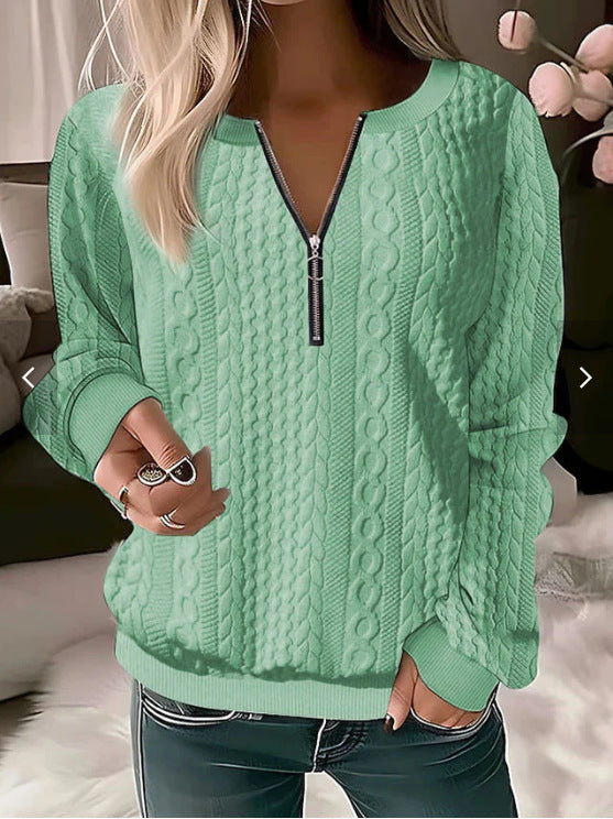 Women’s Sweater – Wool Blend – Cable Knit – Relaxed Fit – Zip Neckline – Ribbed Trim