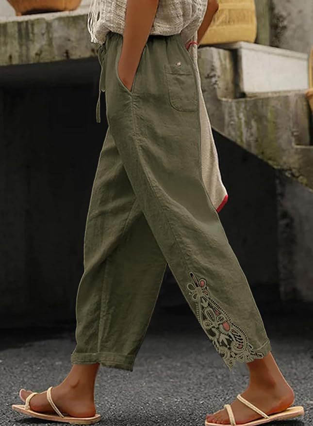 Women's Casual Pants - Comfortable Fiber Blend - Elastic Waist - Ankle Length - Lace-Up Detail