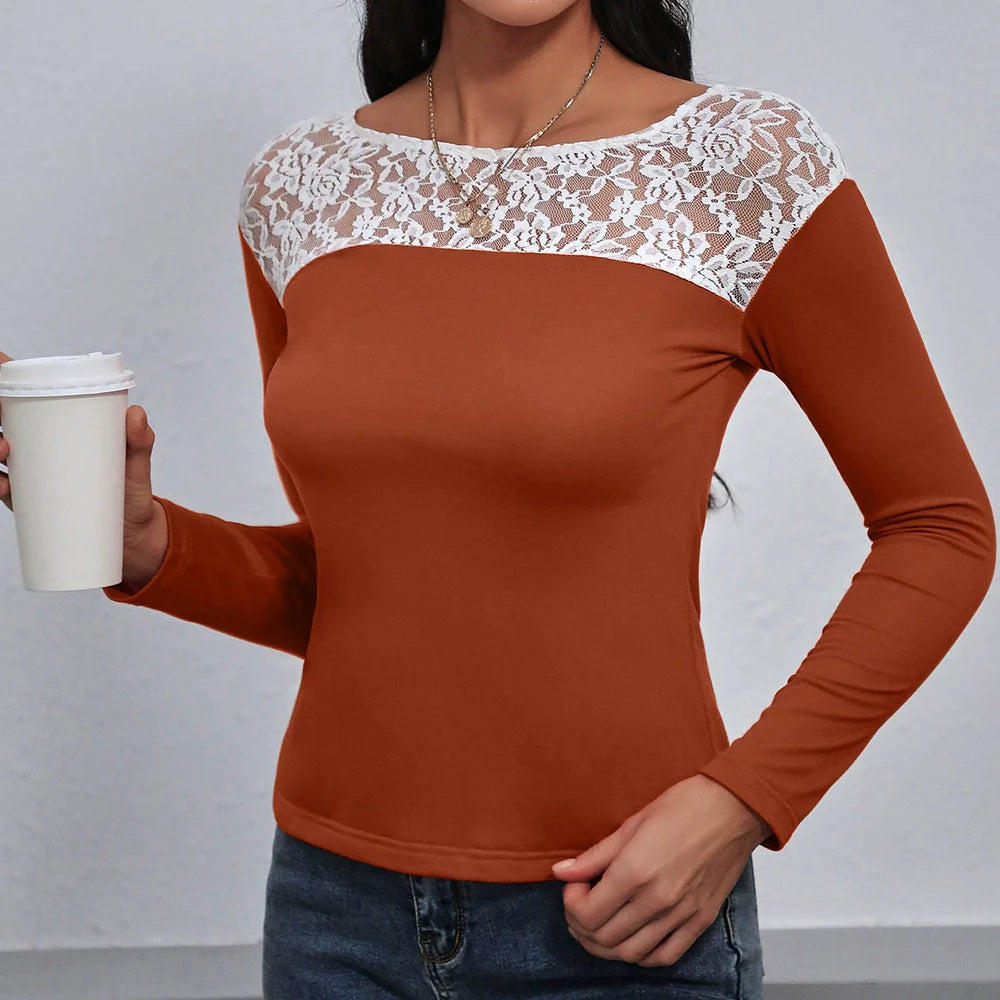 Women’s Long Sleeve T-shirt – Slim Fit – Lace Splice – Stretch Knit – Casual Elegant