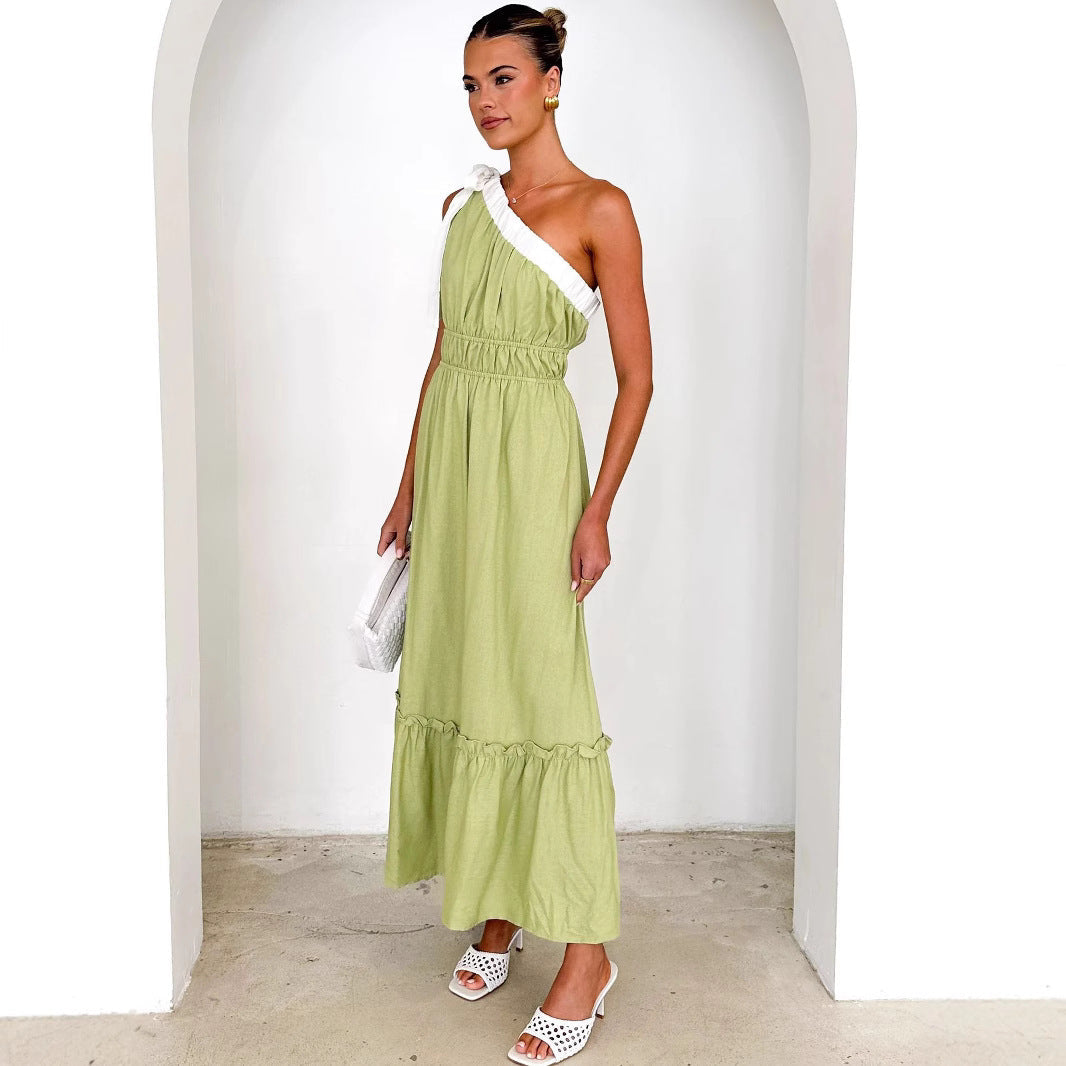 Women’s One-Shoulder Midi Dress – Cotton Blend – A-Line Fit – Ruffle Tiered Skirt