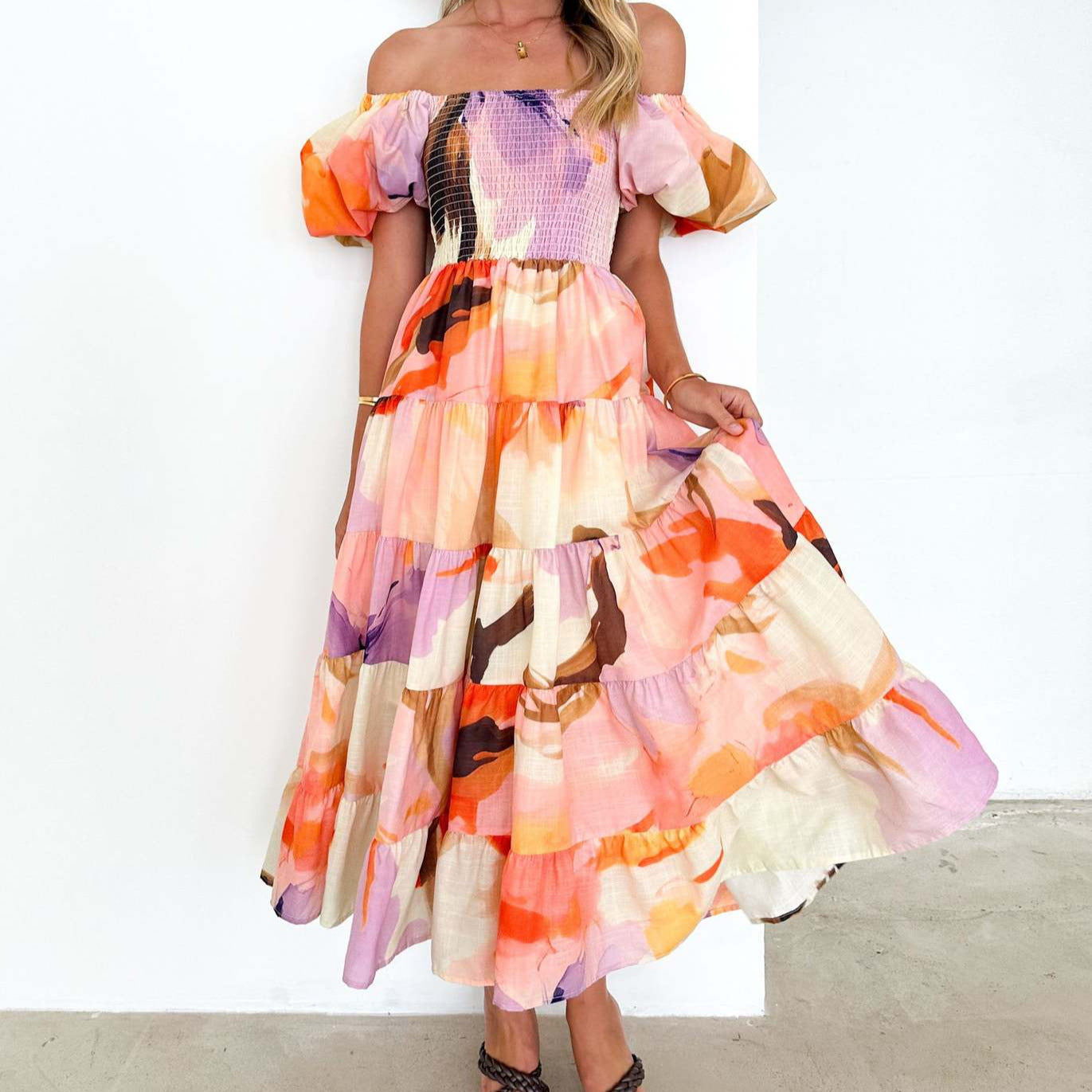 Women's Off-Shoulder Maxi Dress - Tiered Skirt - Vibrant Floral Print