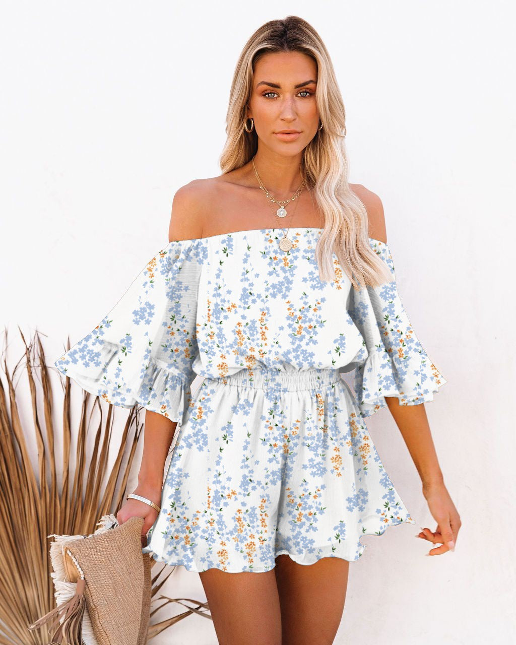 Women's Off-the-Shoulder Romper - Flowy Sleeves - Elastic Waist - Lightweight Breathable