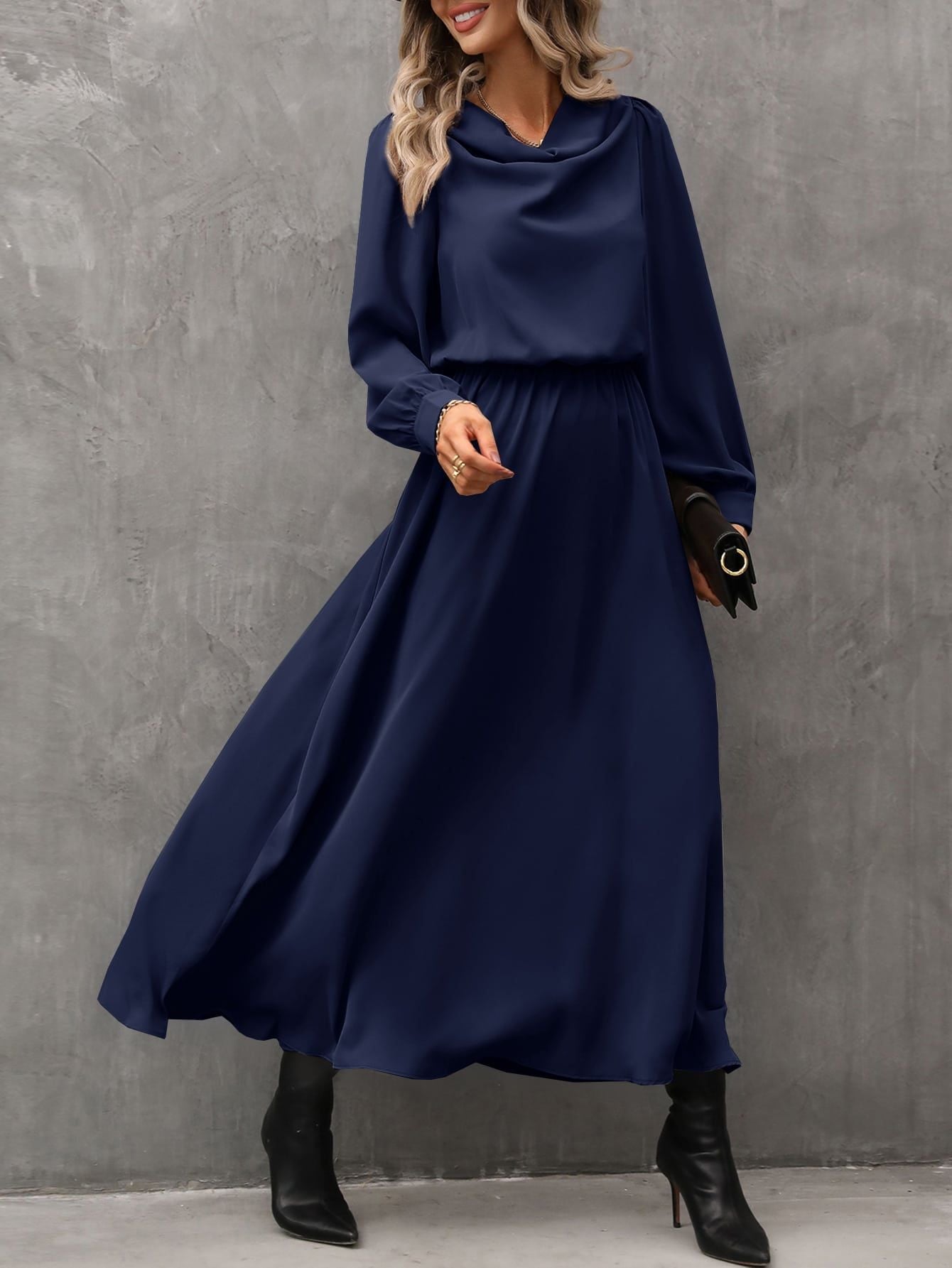 Draped Cowl Neck Midi Dress