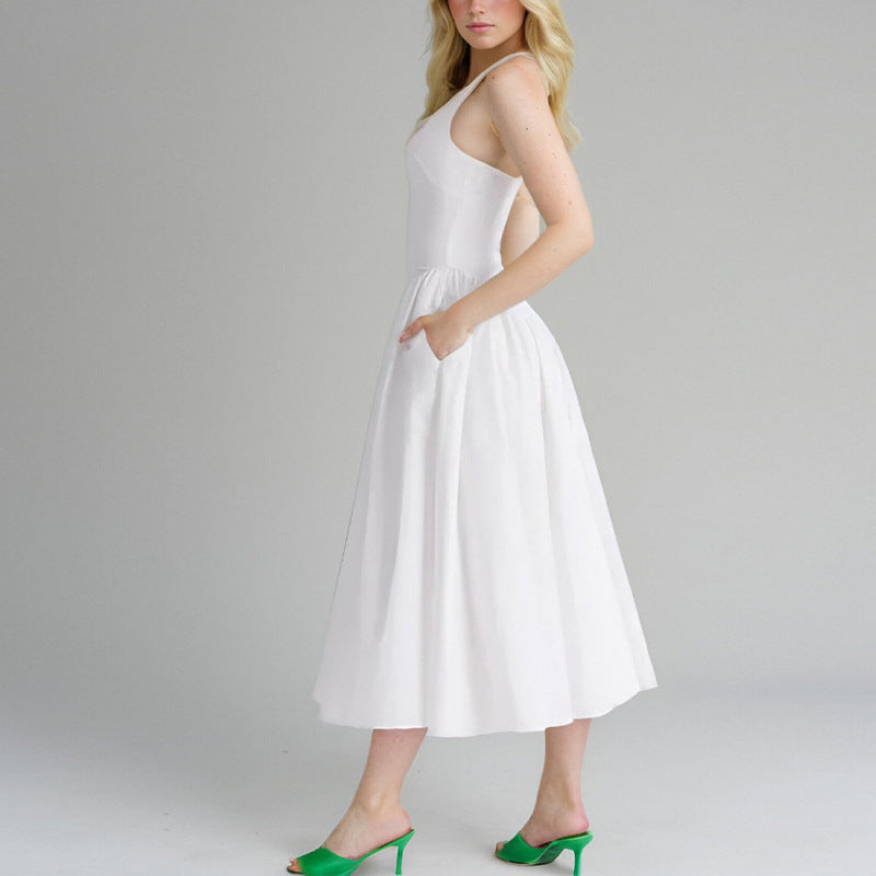 Plunge V-Neck Midi Fit-and-Flare Halter Dress