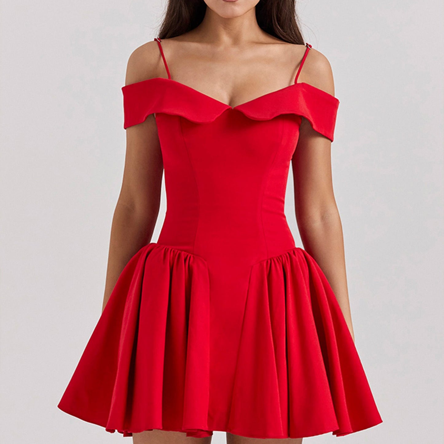 Women’s Off-Shoulder Dress – Midi Length – A-Line Fit – Spaghetti Straps – Elegant Style