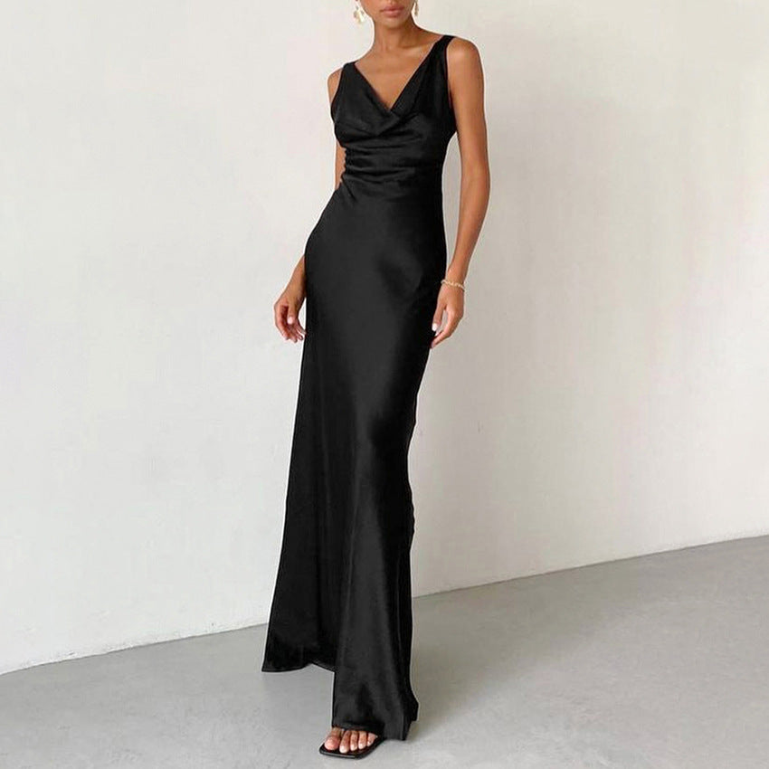 Women’s Satin Gown – Slim Fit – Draped Neckline – Spaghetti Straps – Floor-Length