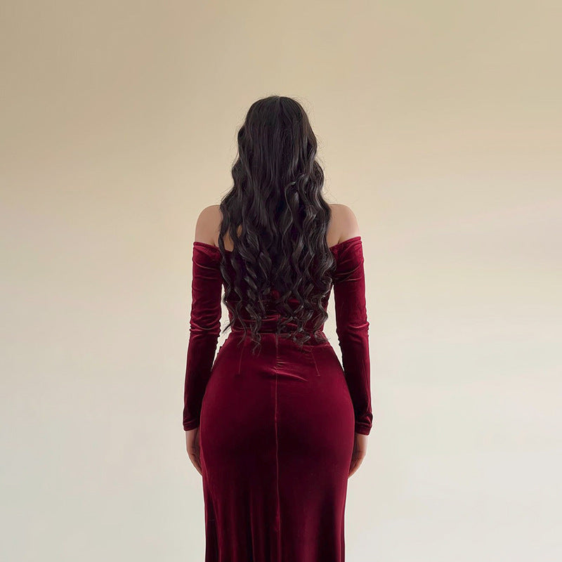 Women’s Long Dress – Velvet – Off Shoulder – Crossover Bust – High Slit – Form Fitting