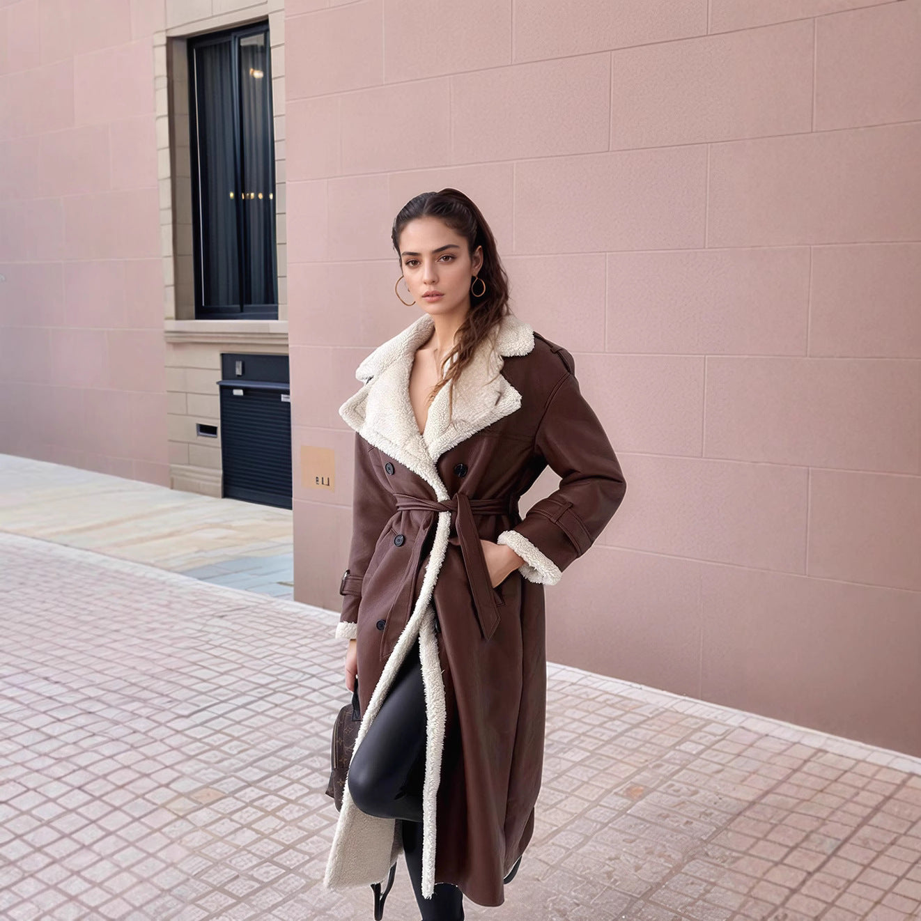 Women’s Long Leather Coat – Tailored Fit – Plush Lining – Wide Lapels – Button Closure