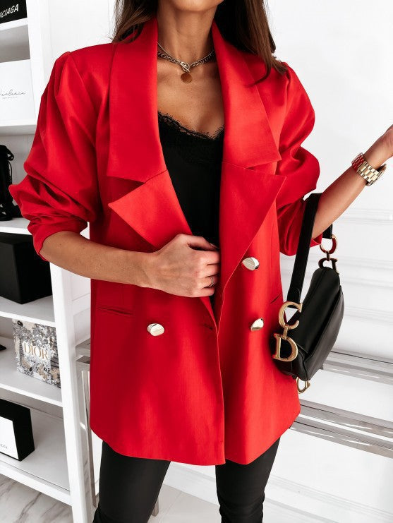 Women’s Blazer – Tailored Fit – Puff Sleeves – Lapel Collar – Button Front – Hip Length