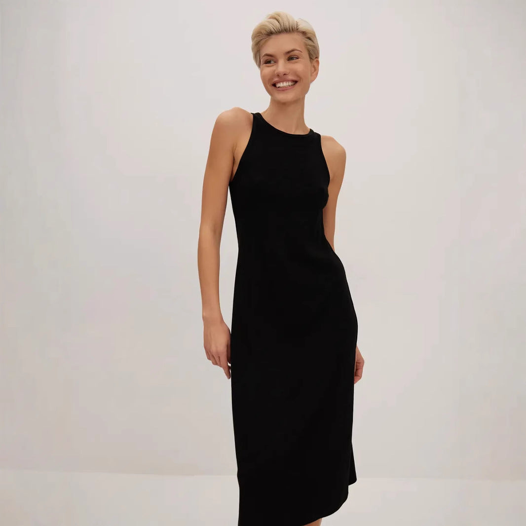 Women’s Midi Dress – Slim Fit – High Neck – Sleeveless – Stretch Elegant Formal Wear