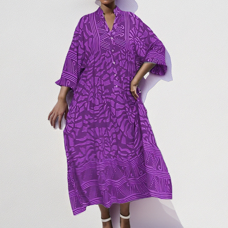 Women’s Midi Dress – Loose Fit – Lightweight Fabric – Printed – Button Front Sleeves
