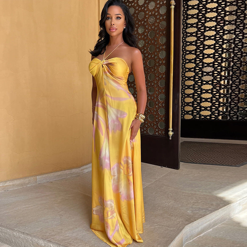 Women’s Maxi Dress – Satin Finish – Halter-Neck – Strapless Bandeau – Printed Elegance