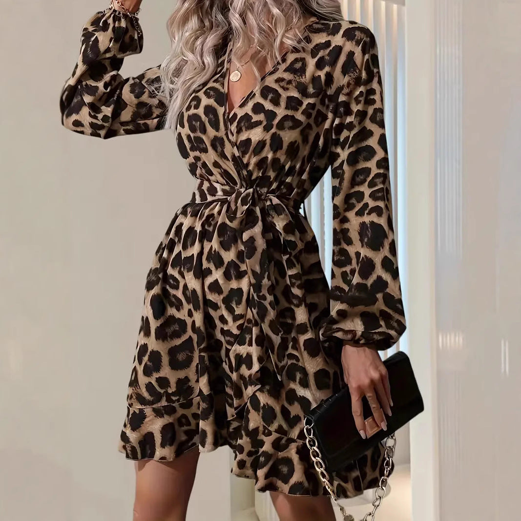 Women’s Wrap Dress – V-Neck – Tie Waist – Long Sleeve – Ruffled Hem – Elegant Fit