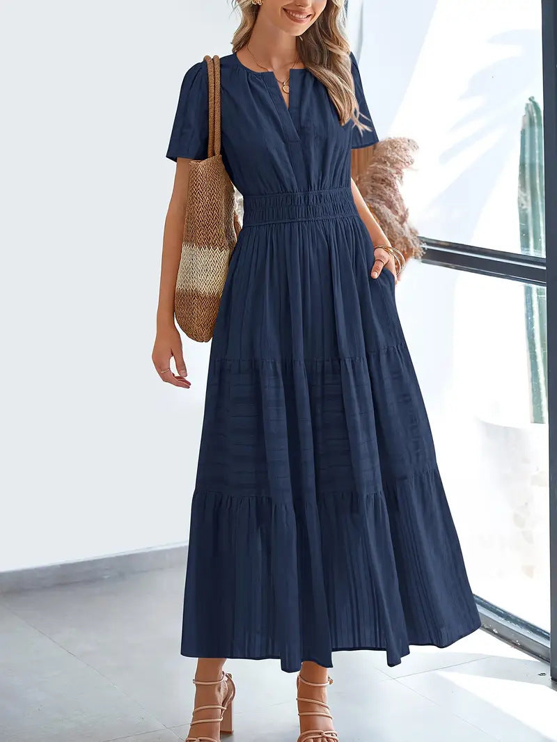 Women’s Maxi Dress – V-Neck – Puff Sleeve – Ruched Waist – Soft A-Line Fit
