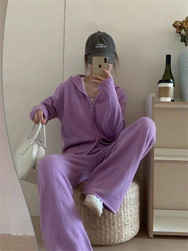Women’s Knit Lounge Set - Zip Up Hoodie With Wide Leg Pants