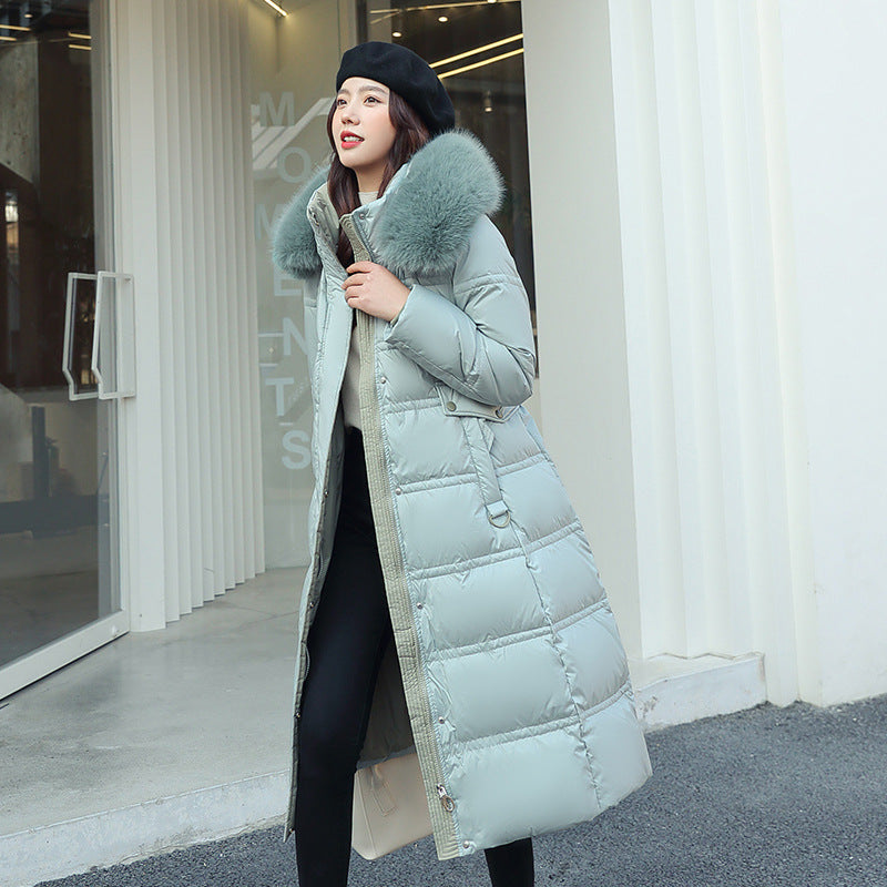 Sofia - long over-the-knee large fur collar hooded with a belt coat