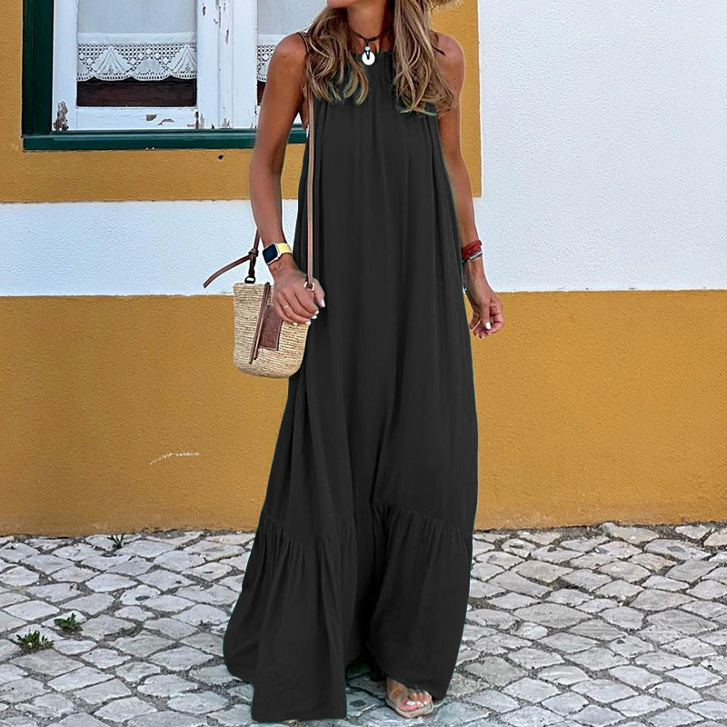 Women’s Long Dress – Sleeveless Halter – Flowing Fit – Natural Fibers – Tiered Skirt