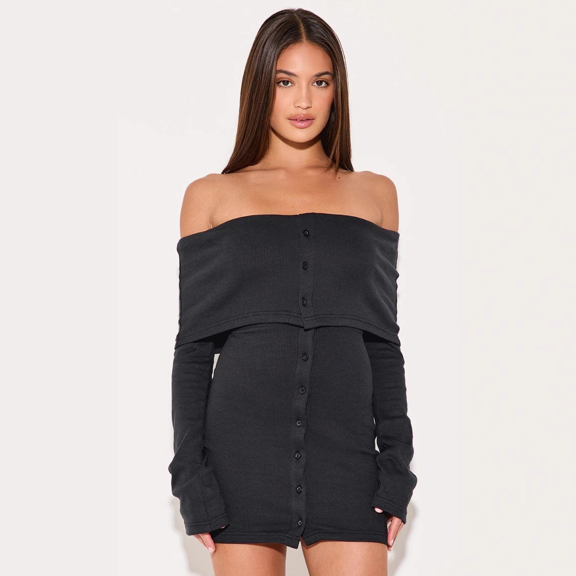 Women’s Off-Shoulder Dress – Slim Fit – Ribbed Knit – Button Front – Mini Long Sleeve