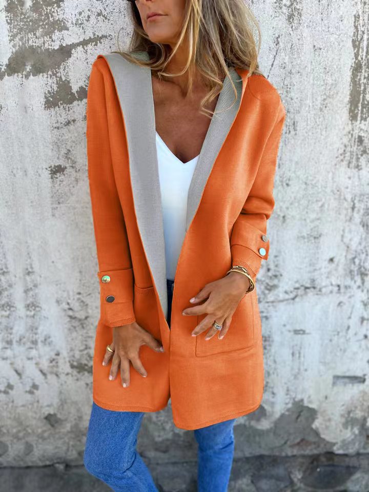 Women’s Hooded Cardigan – Soft Knit – Relaxed Fit – Contrast Trim – Front Pockets