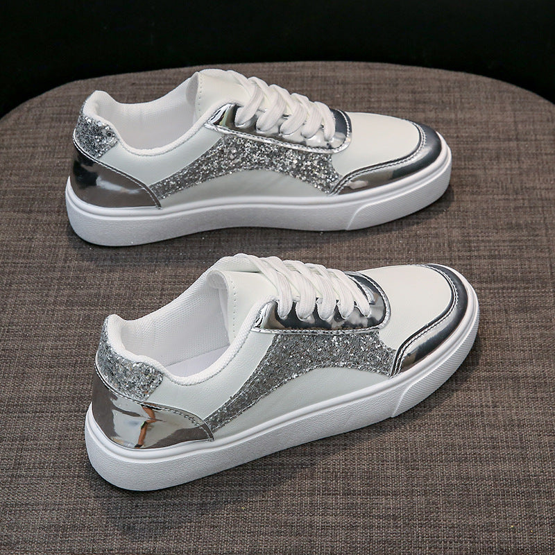 Women's Platform Sneakers - Leather & Glitter Fabric - Lace-Up Casual Shoes