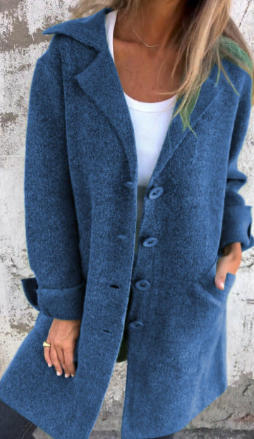 Women’s Mid-Length Coat – Relaxed Fit – Wool Feel – Lapel Collar – Single-Breasted