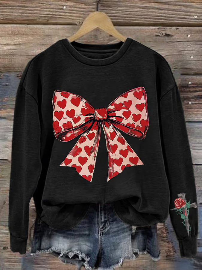 Women’s Sweatshirt – Oversized Fit – Crew Neck – Graphic Bow and Rose Print – Cotton Knit