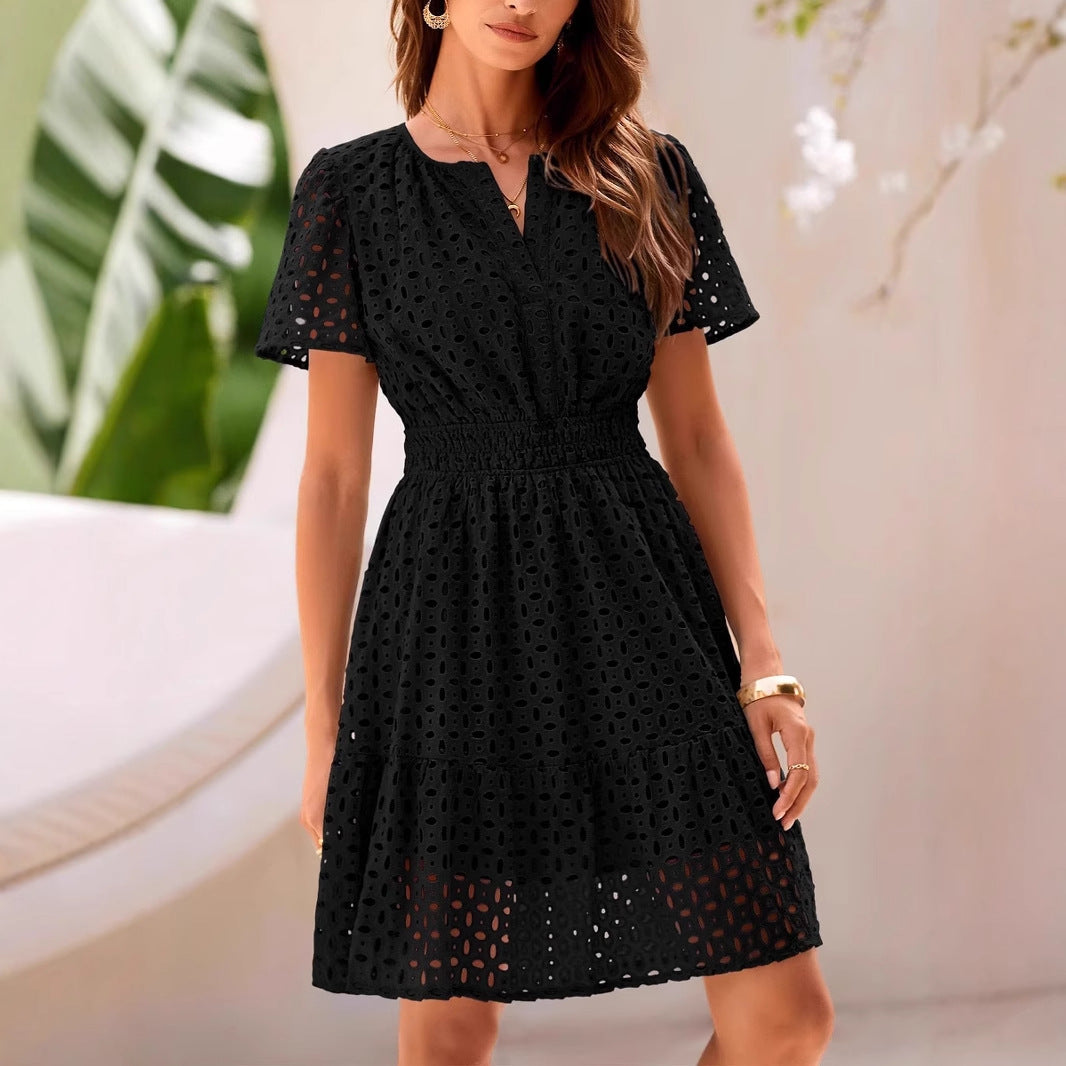 Women’s A-Line Dress – V-Neck – Eyelet Detail – Smocked Waist – Short Sleeve Cotton Blend