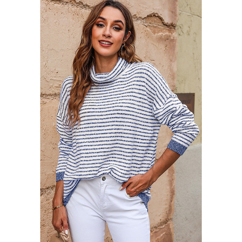 Women’s Turtleneck Knit Sweater – Relaxed Fit – Wool Blend – Striped – Ribbed Trim