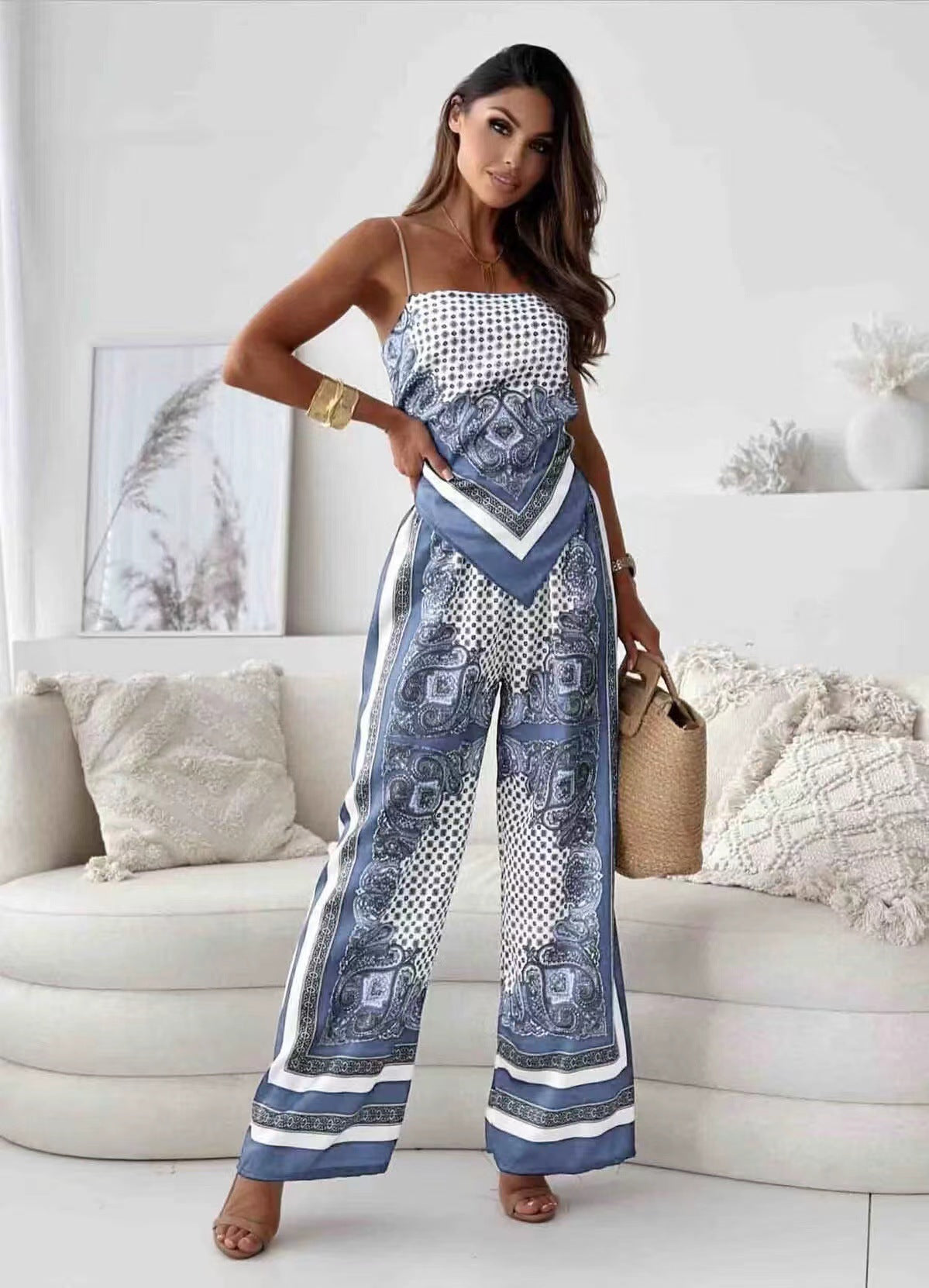 Women’s Jumpsuit - Elegant Print - Relaxed Fit - Spaghetti Straps - Luxury