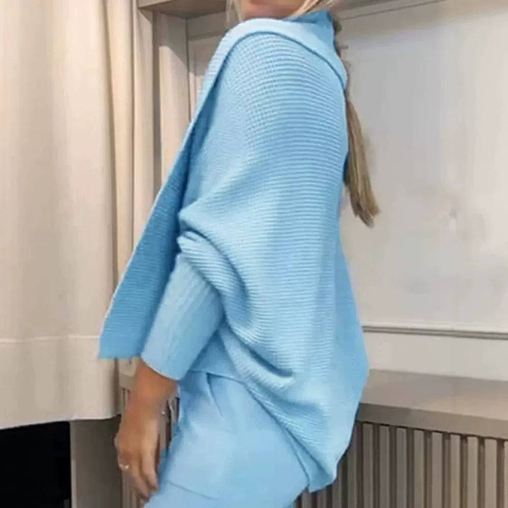 Women’s Two-Piece Knitted Cardigan – Oversized Fit – Ribbed Texture – Open Front Lapel