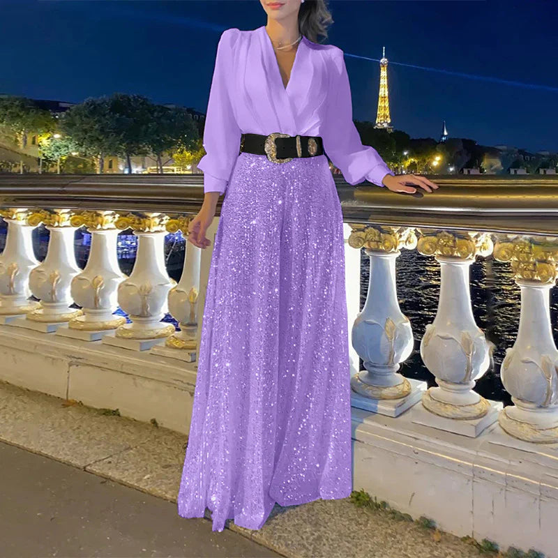 Women's v-neck top with sparkly wide leg pants set