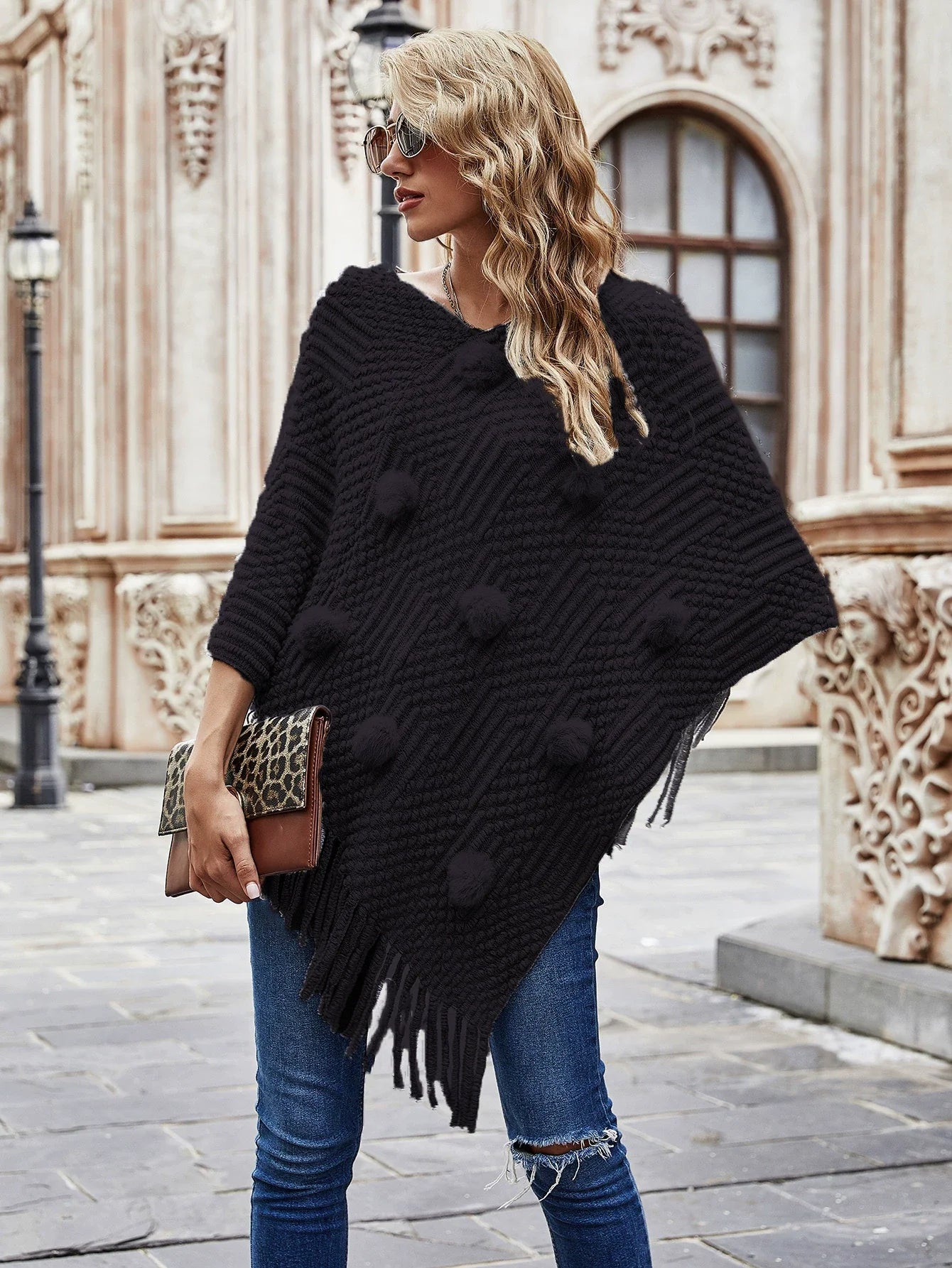 Women’s Shawl Sweater – Relaxed Fit – Knit Wool Blend – Fur Ball & Tassel Accents