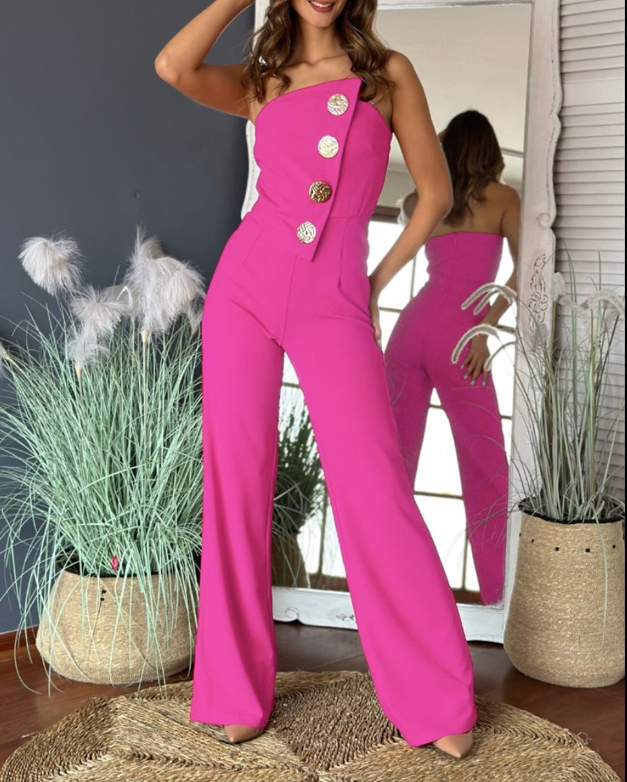Women’s Jumpsuit – Strapless Tube Top – Flared Leg – Decorative Button Front – Tailored Fit