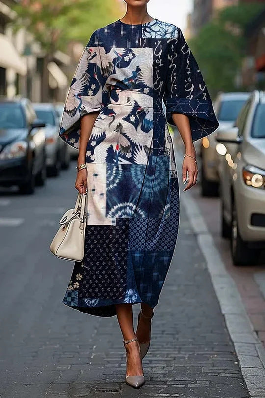 Women’s Midi Dress – A-Line Fit – Luxury Fabric – Kimono Sleeves – Floral Design