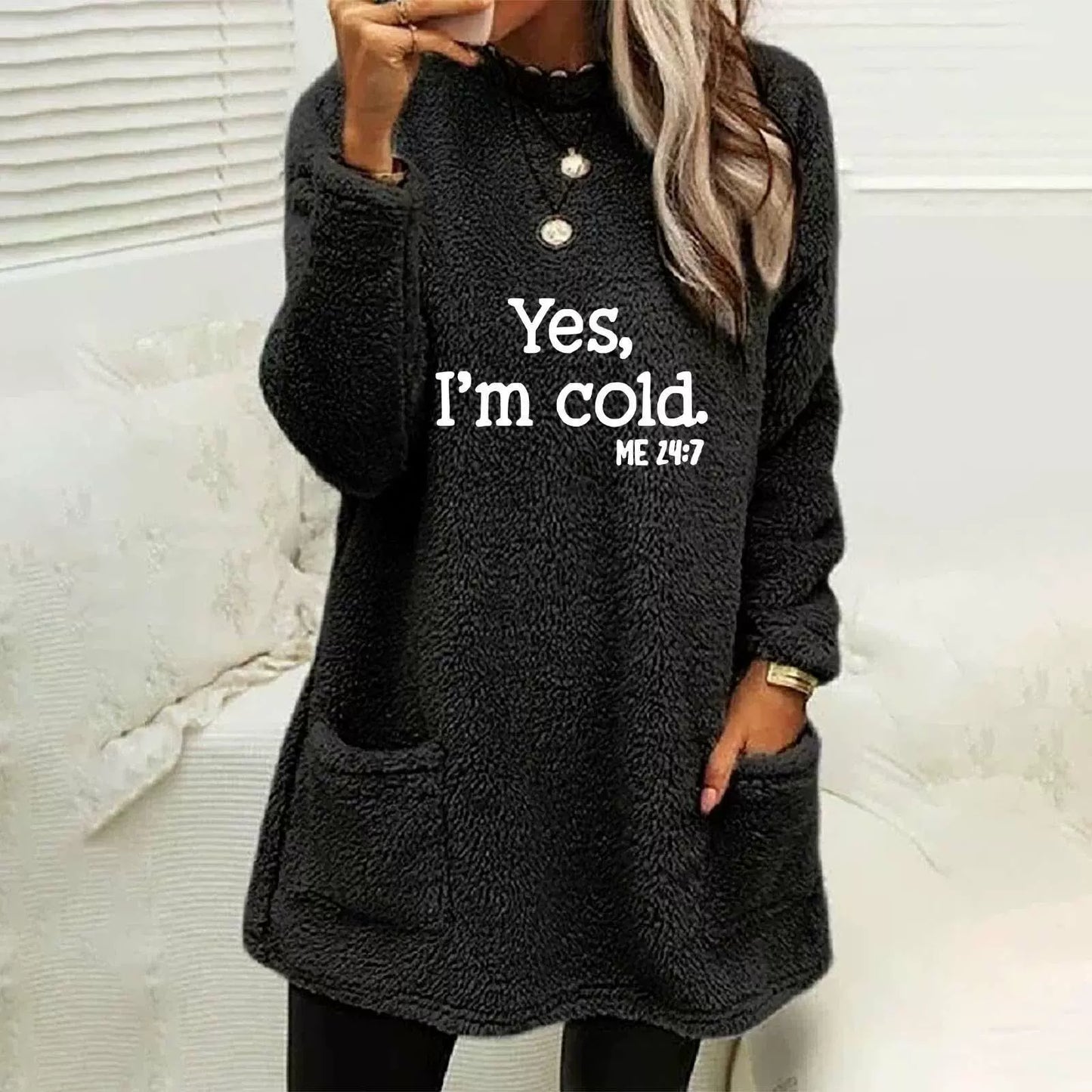 Women’s Oversized Sweatshirt – Double-Sided Fleece – Letter Print – Long Sleeve – Pockets