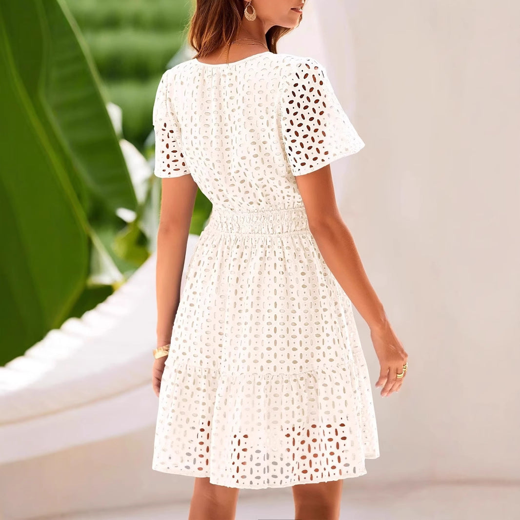 Women’s A-Line Dress – V-Neck – Eyelet Detail – Smocked Waist – Short Sleeve Cotton Blend