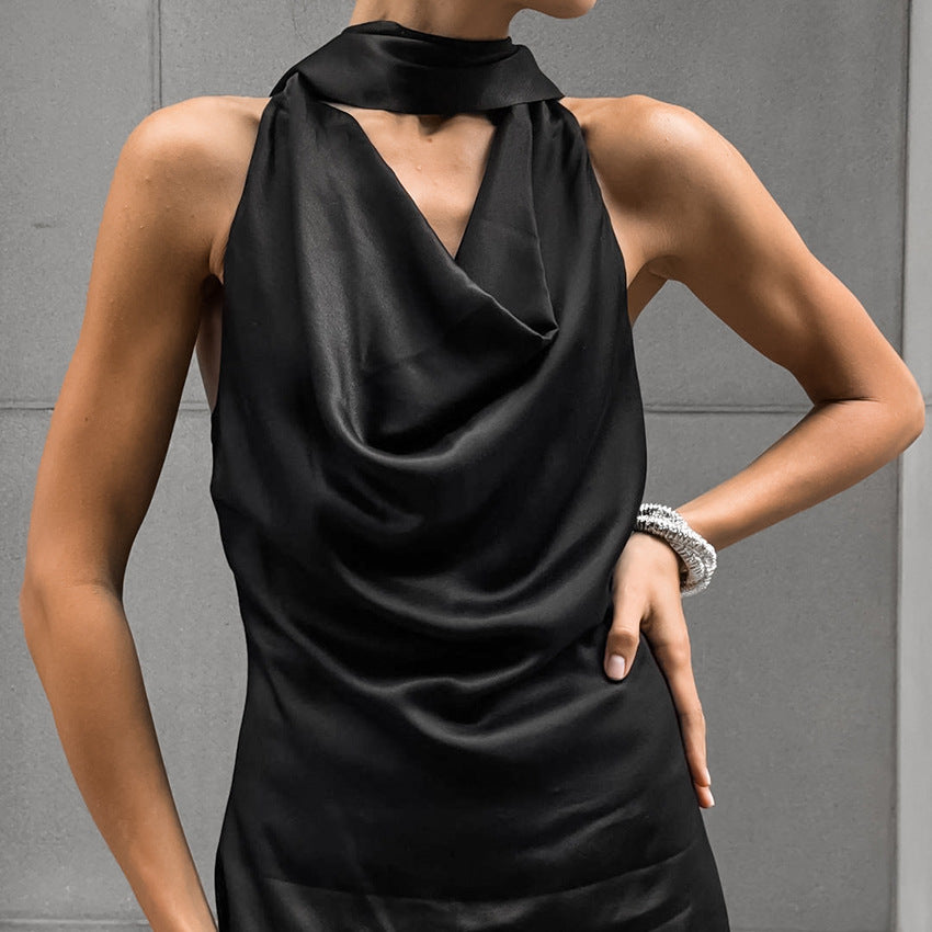 Women's Halter Neck Satin Dress - Draped Neckline - Fitted Waist - Elegant Evening Wear