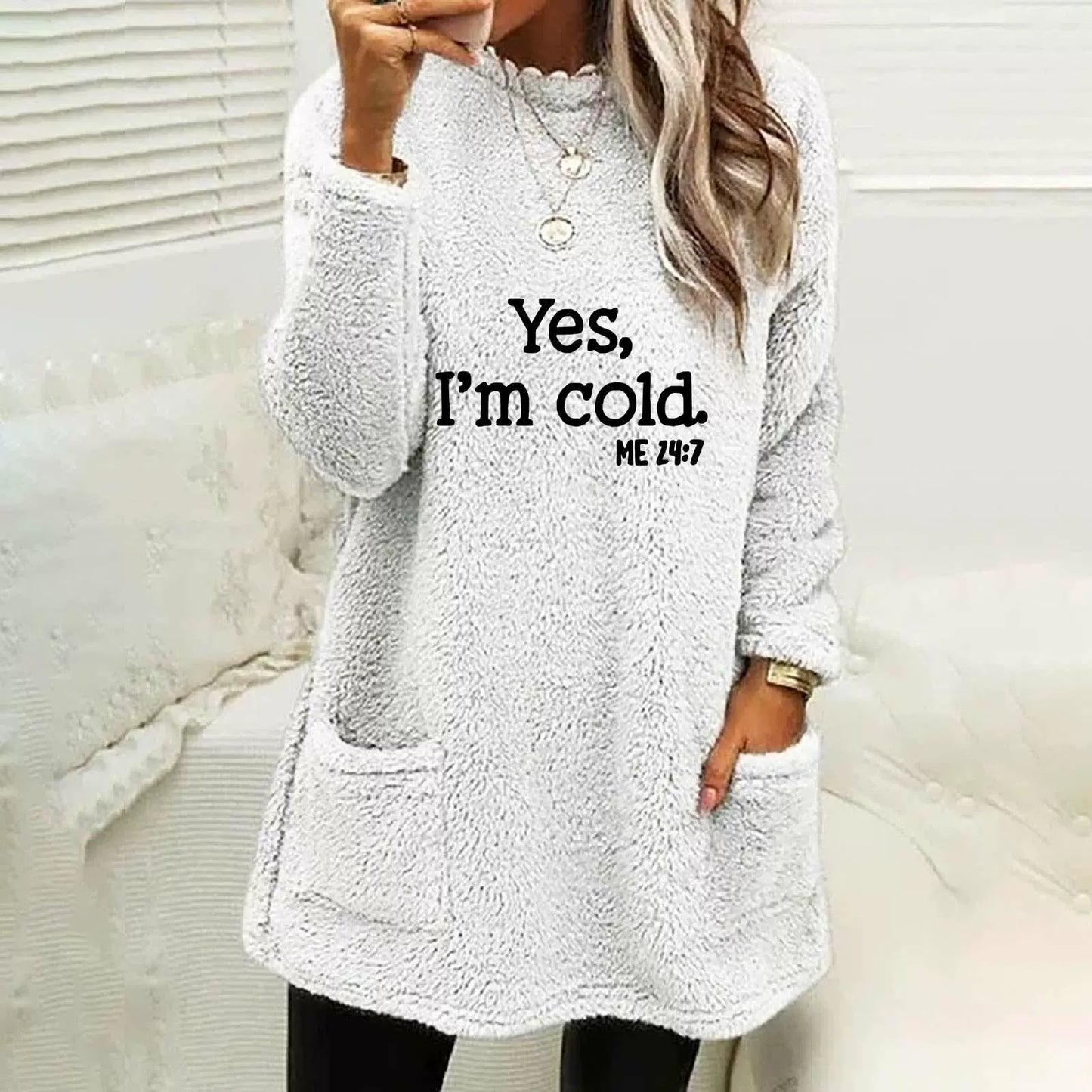 Women’s Oversized Sweatshirt – Double-Sided Fleece – Letter Print – Long Sleeve – Pockets