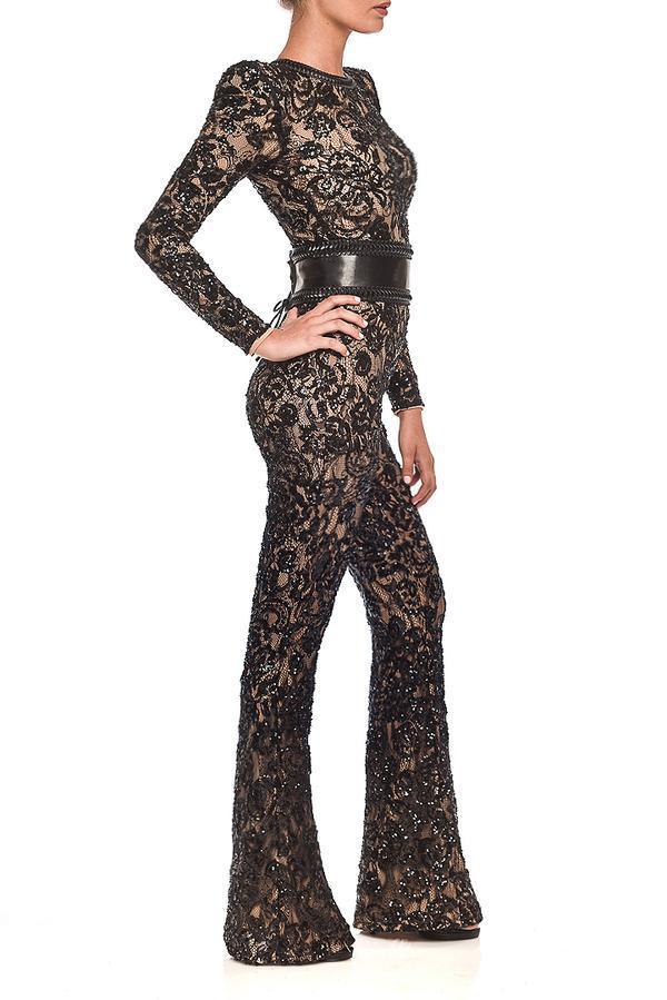 Women’s Lace Jumpsuit – Fitted Silhouette – Long Sleeve – Belted Waist – Full Length