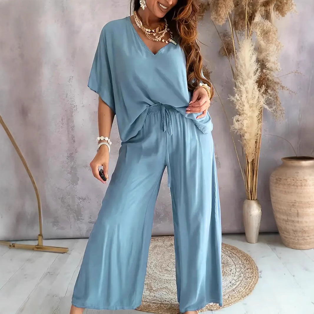 Women’s Matching Set – V-Neck Top and Wide-Leg Pants – Relaxed Fit – Breathable Blend