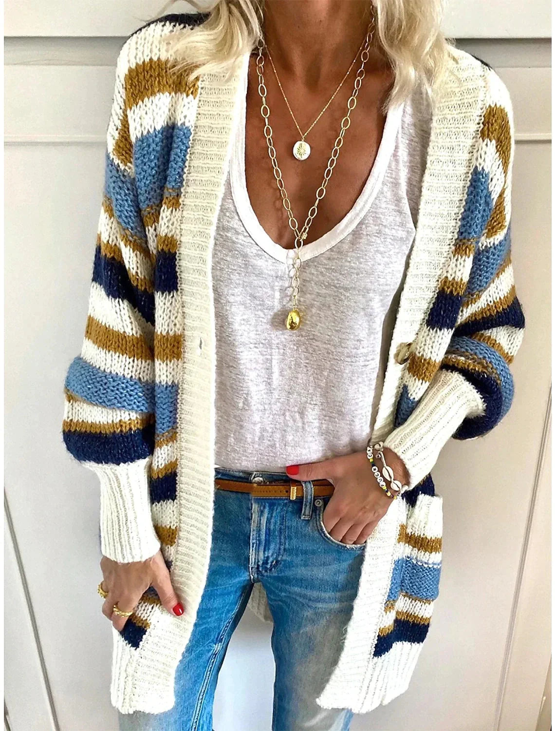 Women's striped color block pocket cardigan