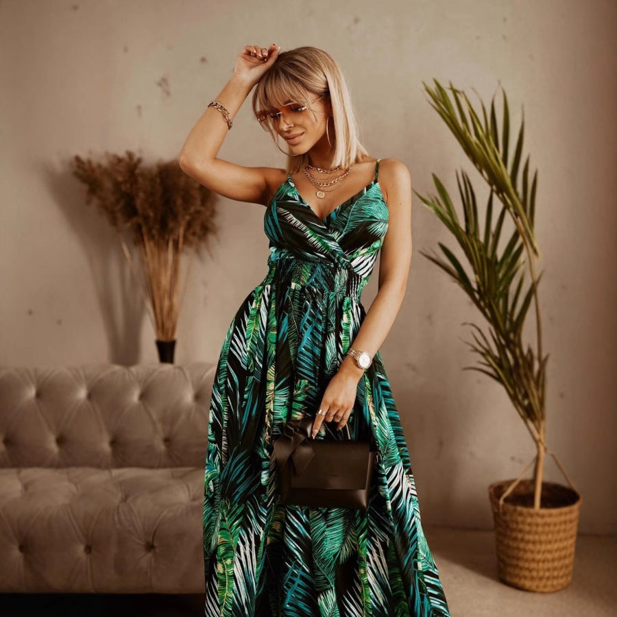 Women’s Maxi Dress – V-Neck Crossover – Floral Print – Adjustable Straps – Cotton Blend