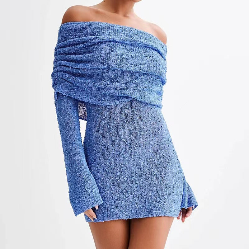 Women’s Knit Beach Dress – Off Shoulder – Slim Fit – Semi Sheer – Flared Sleeve Cover Up